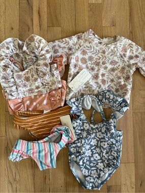 Floral & Stripe baby girl newborn One-Piece Swim - Blue, Pink, Rust Bundle SOVA